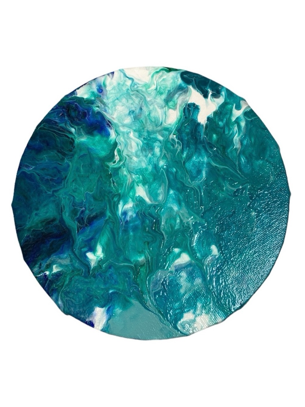 Hand Crafted Blue Green Acrylic Pour Painting Round Ocean Fluid Art Size 6”x6”
